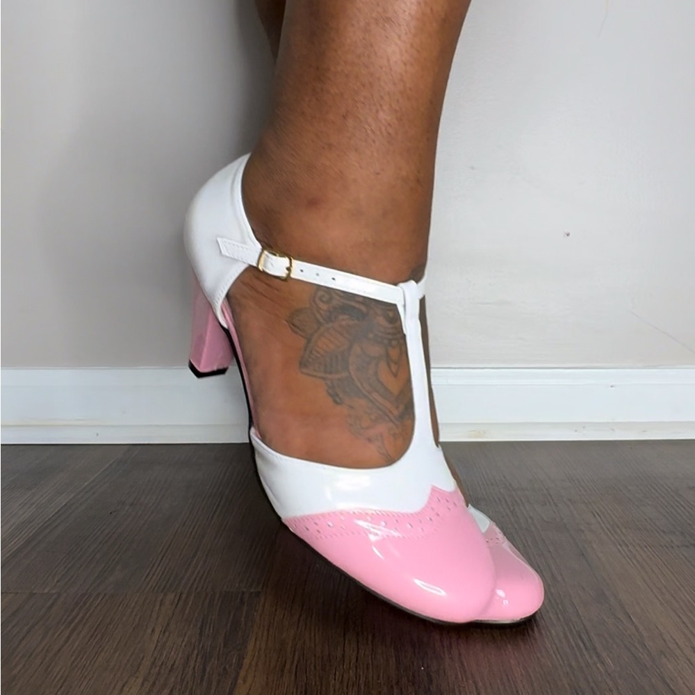 SHEIN Pink and White T-Strap Heels
